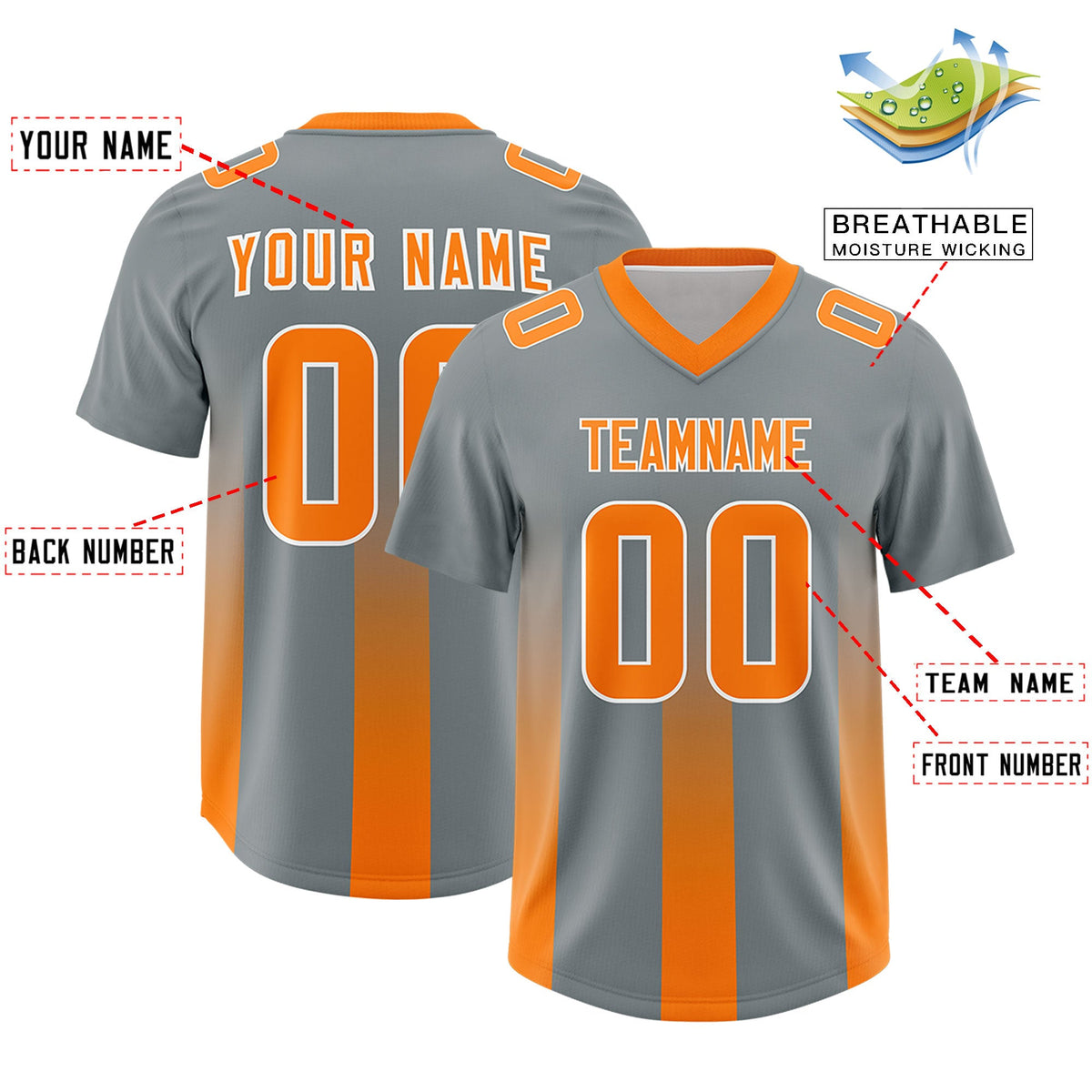 Custom Dark Gray Orange Vertical Width Stripe Gradient Fashion Personalized Team American Football Jersey