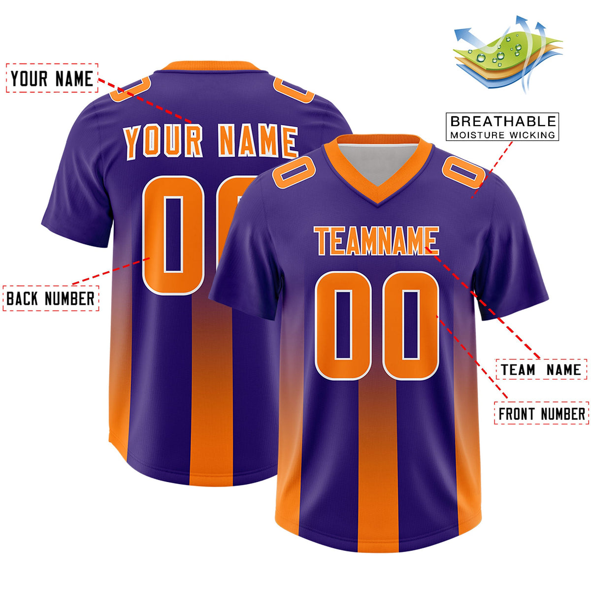 Custom Purple Orange Vertical Width Stripe Gradient Fashion Personalized Team American Football Jersey