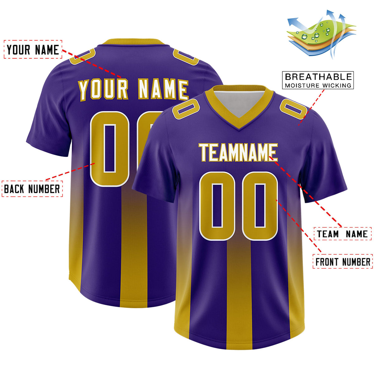 Custom Purple Old Gold Vertical Width Stripe Gradient Fashion Personalized Team American Football Jersey