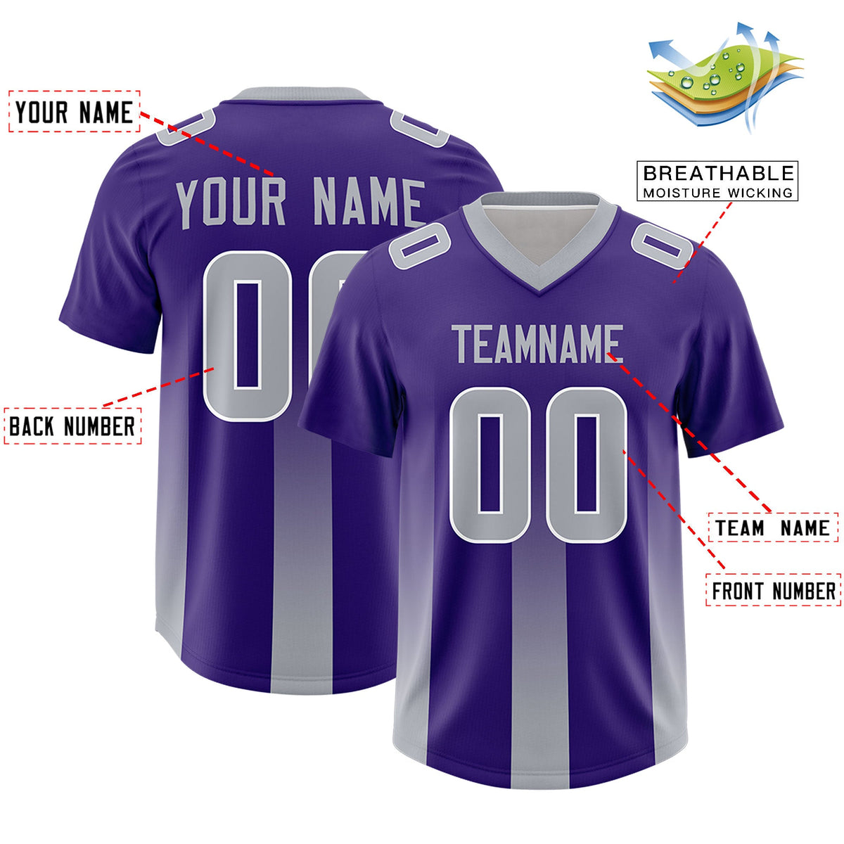 Custom Purple Gray Vertical Width Stripe Gradient Fashion Personalized Team American Football Jersey