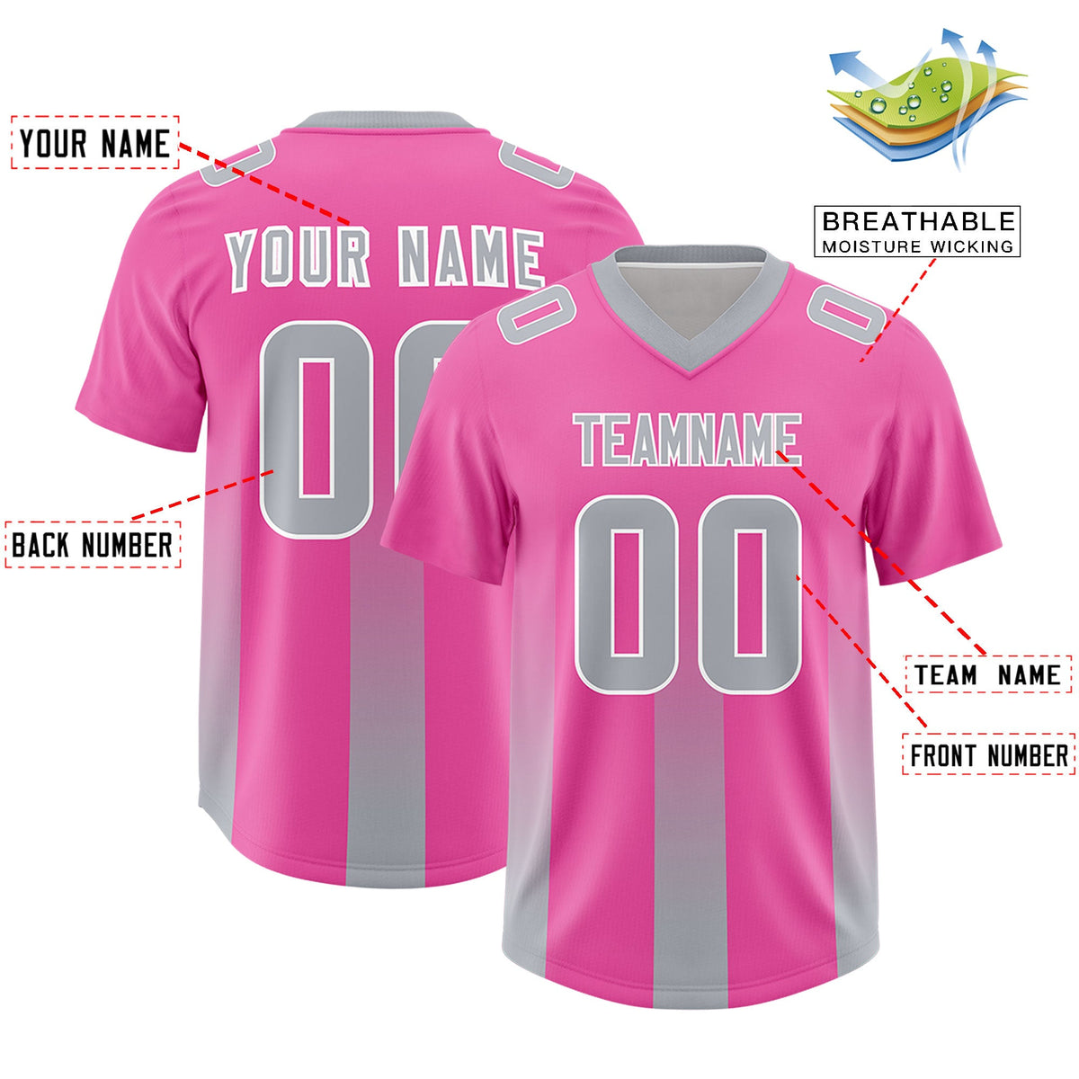 Custom Pink Gray Vertical Width Stripe Gradient Fashion Personalized Team American Football Jersey