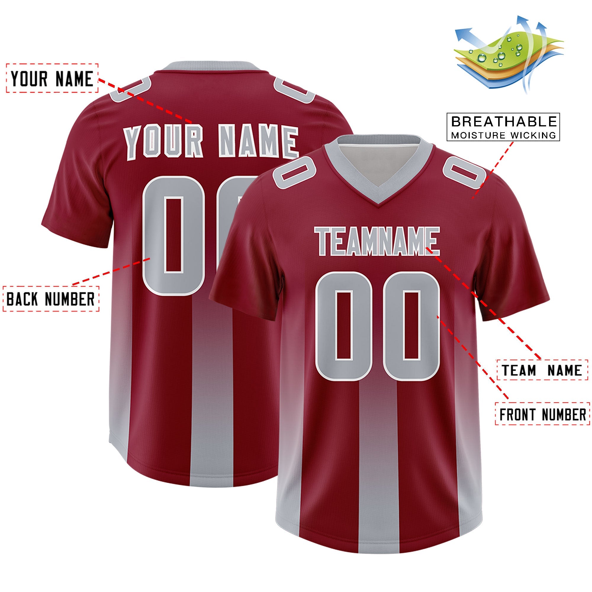 Custom Cardinal Gray Vertical Width Stripe Gradient Fashion Personalized Team American Football Jersey