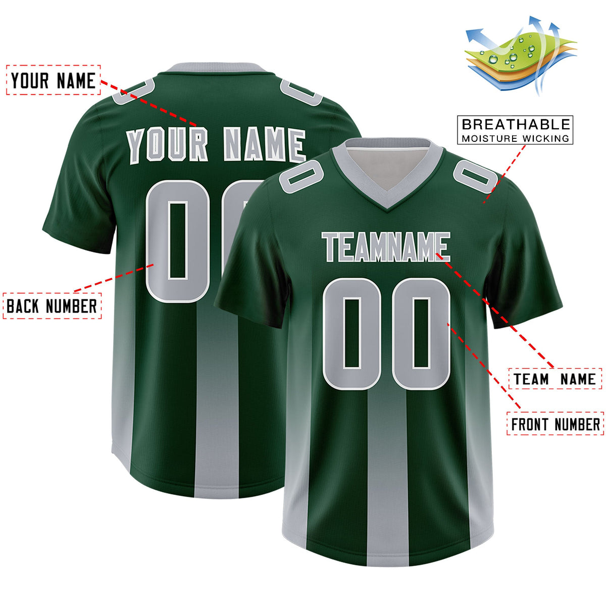 Custom Green Gray Vertical Width Stripe Gradient Fashion Personalized Team American Football Jersey