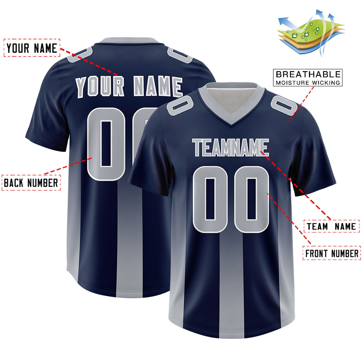 Custom Navy Gray Vertical Width Stripe Gradient Fashion Personalized Team American Football Jersey