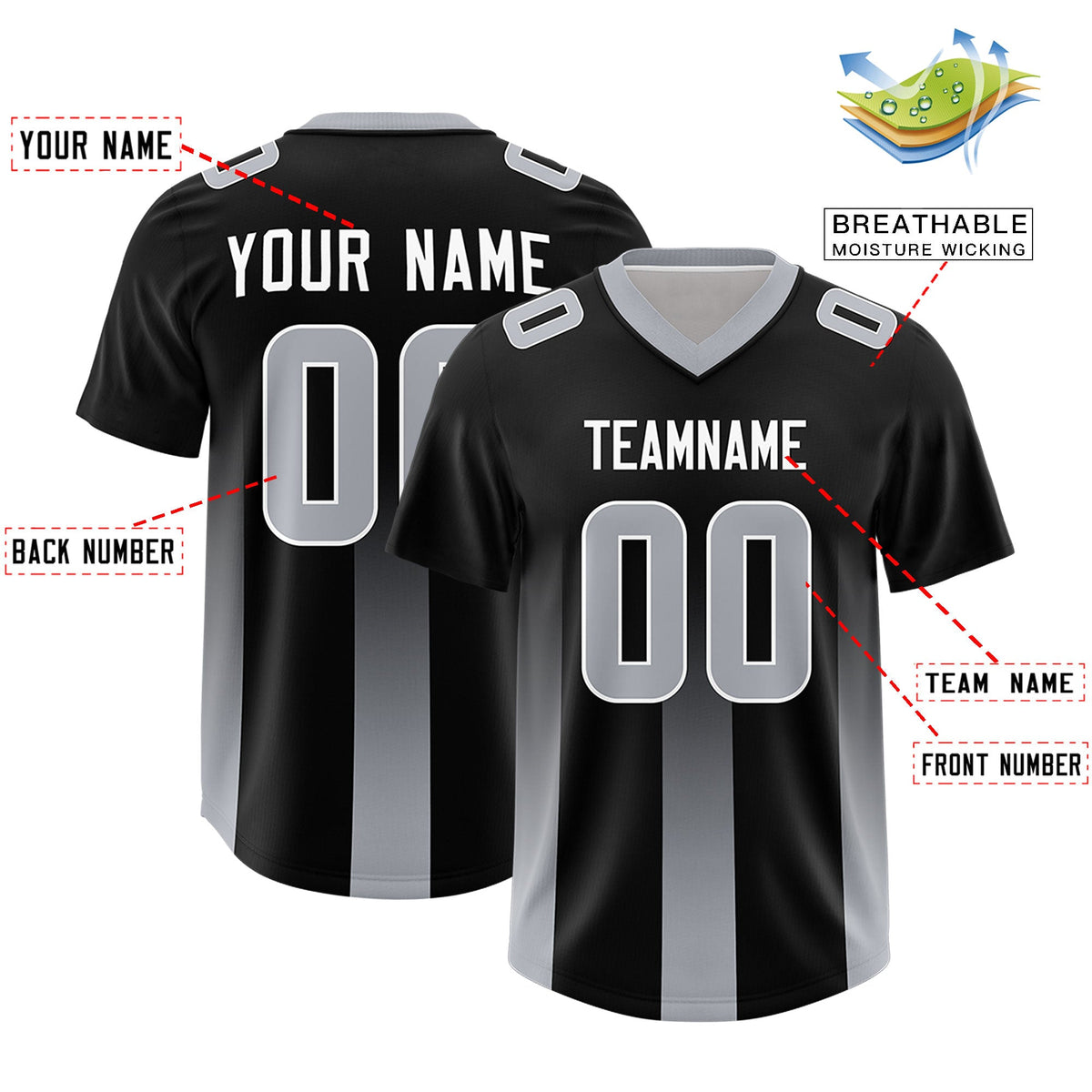 Custom Black Gray Vertical Width Stripe Gradient Fashion Personalized Team American Football Jersey