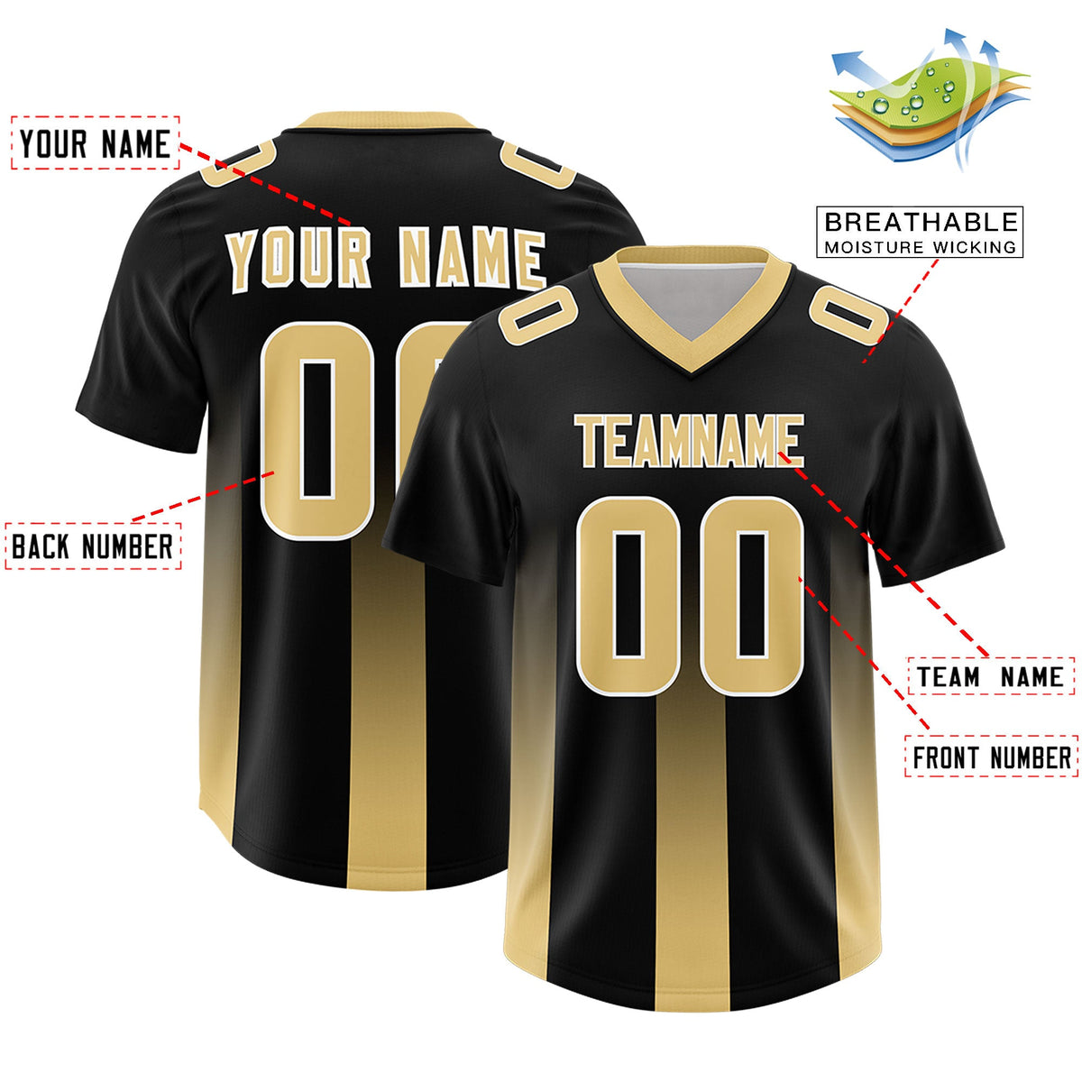 Custom Black Khaki Vertical Width Stripe Gradient Fashion Personalized Team American Football Jersey
