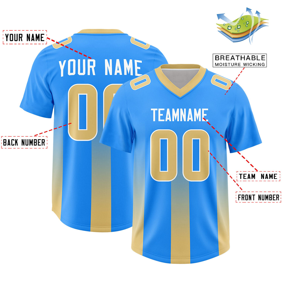 Custom Light Blue Khaki Vertical Width Stripe Gradient Fashion Personalized Team American Football Jersey