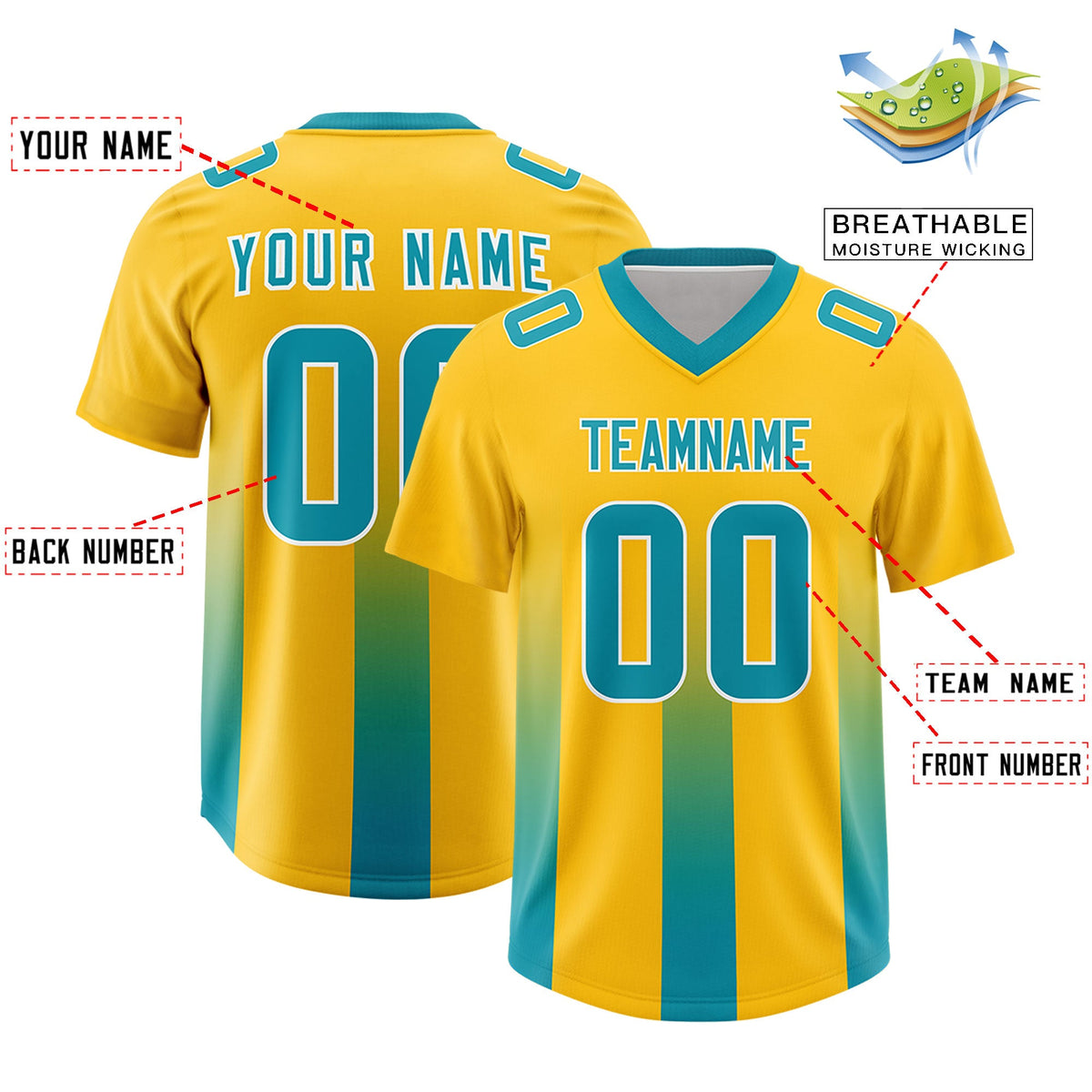 Custom Yellow Aqua Vertical Width Stripe Gradient Fashion Personalized Team American Football Jersey