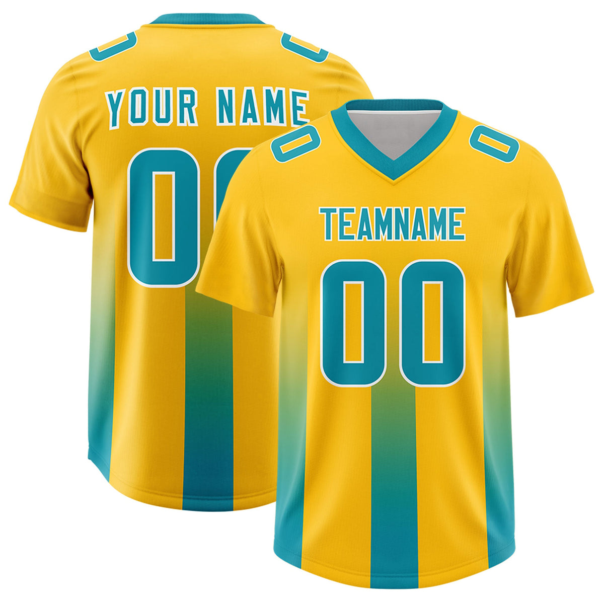 Custom Yellow Aqua Vertical Width Stripe Gradient Fashion Personalized Team American Football Jersey