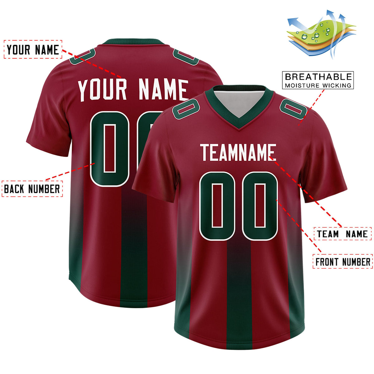 Custom Cardinal Midnight Green Vertical Width Stripe Gradient Fashion Personalized Team American Football Jersey