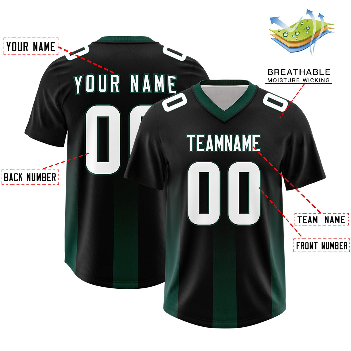 Custom Black Midnight Green Vertical Width Stripe Gradient Fashion Personalized Team American Football Jersey