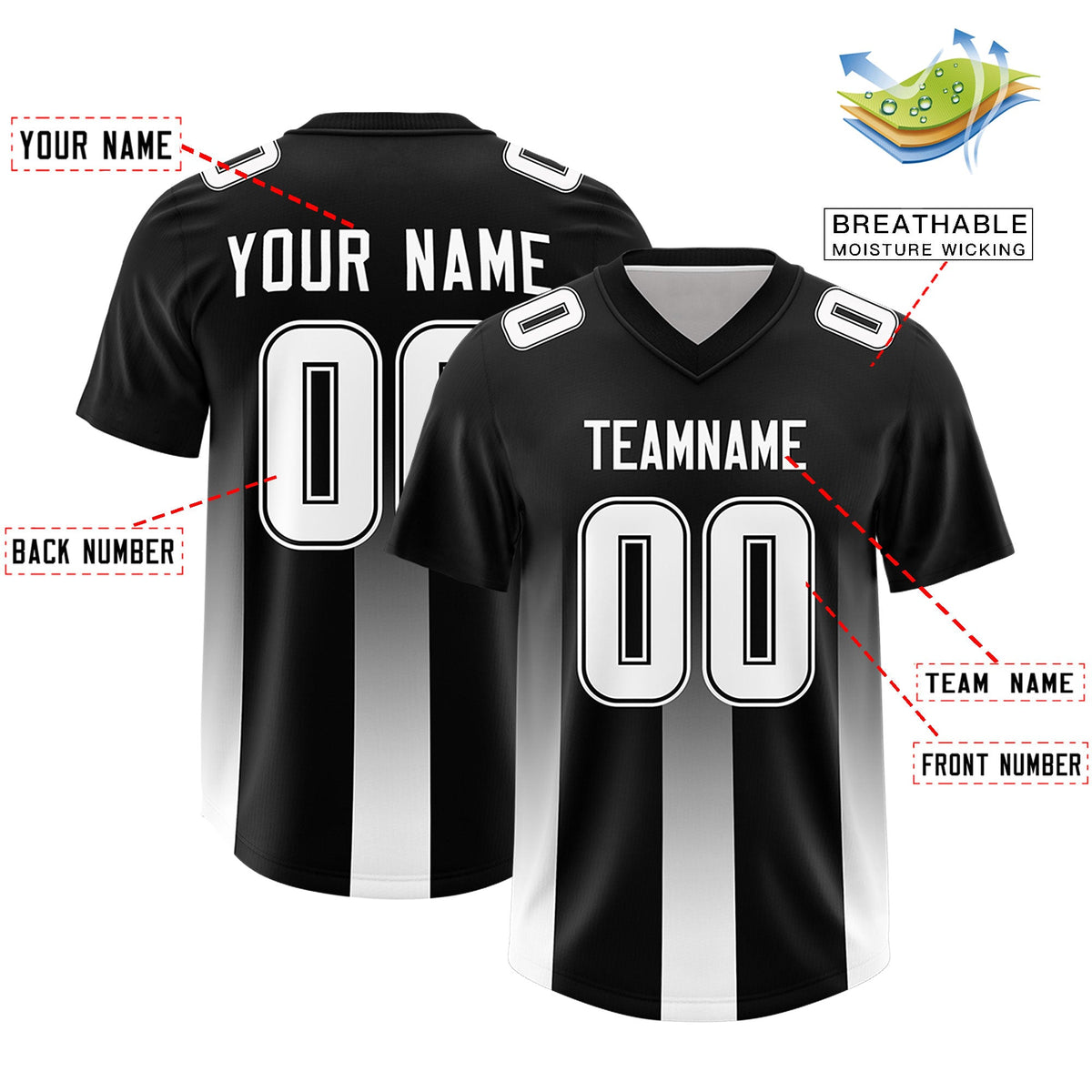Custom Black White Vertical Width Stripe Gradient Fashion Personalized Team American Football Jersey