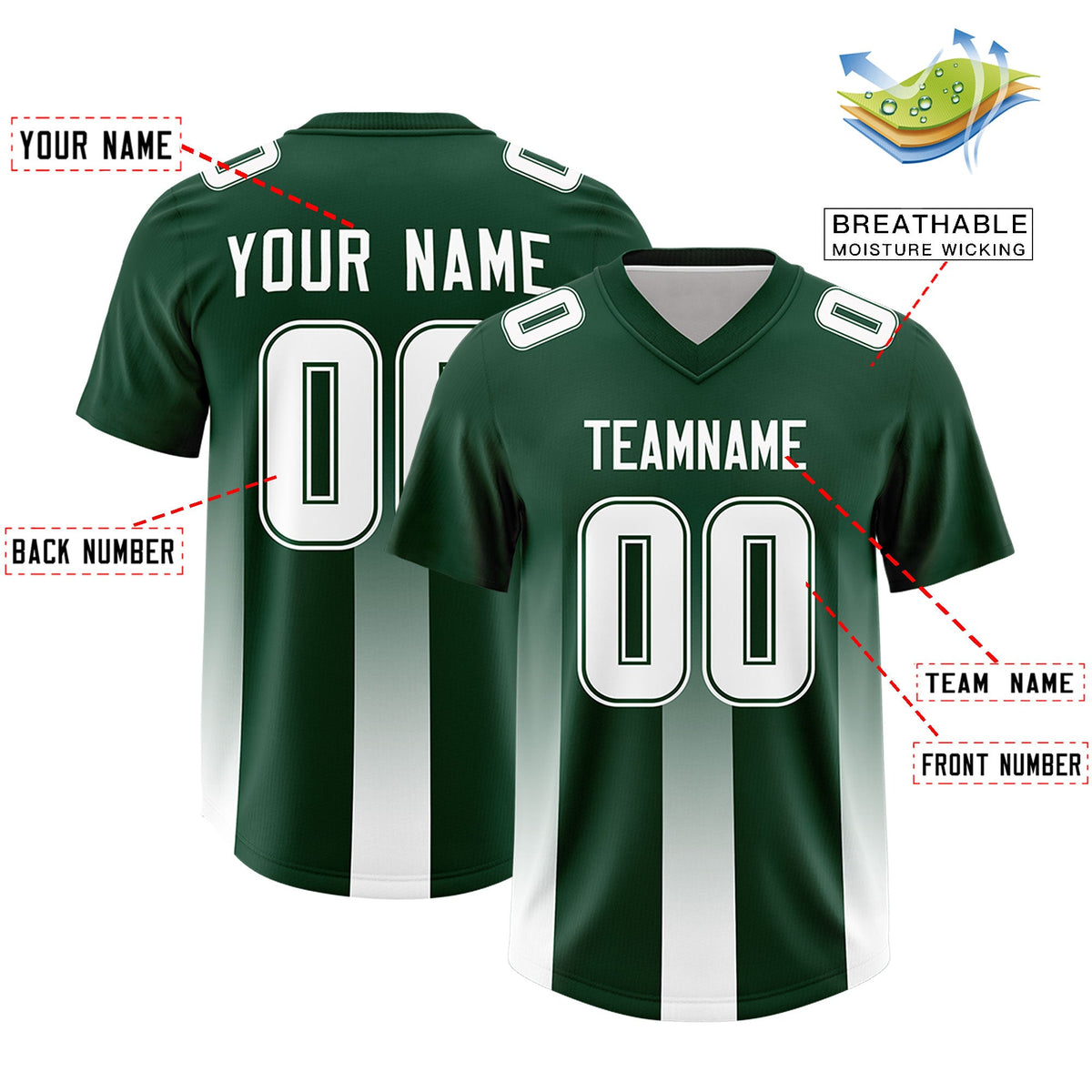 Custom Green White Vertical Width Stripe Gradient Fashion Personalized Team American Football Jersey