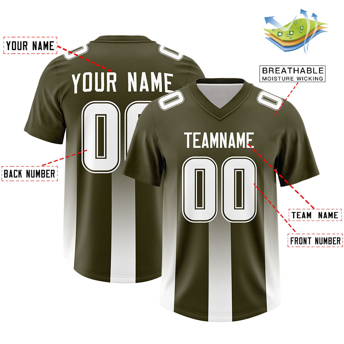 Custom Olive White Vertical Width Stripe Gradient Fashion Personalized Team American Football Jersey