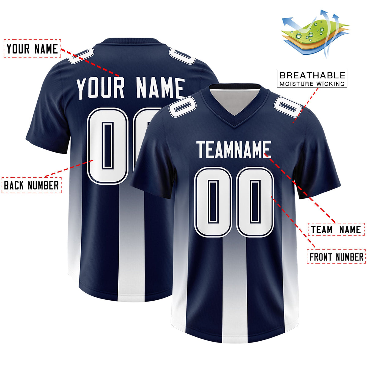 Custom Navy White Vertical Width Stripe Gradient Fashion Personalized Team American Football Jersey