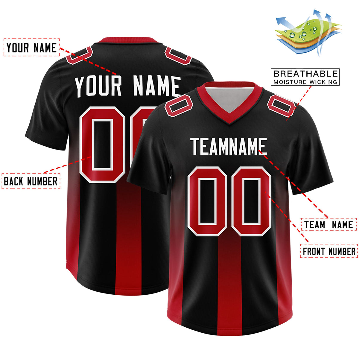 Custom Black Red Vertical Width Stripe Gradient Fashion Personalized Team American Football Jersey
