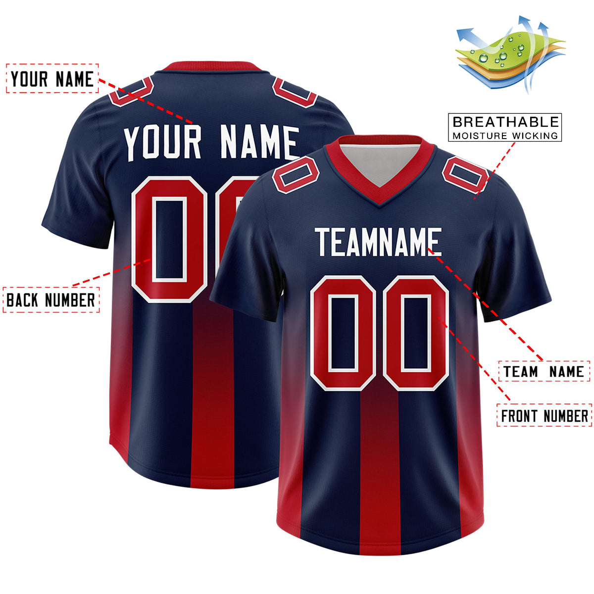 Custom Navy Red Vertical Width Stripe Gradient Fashion Personalized Team American Football Jersey