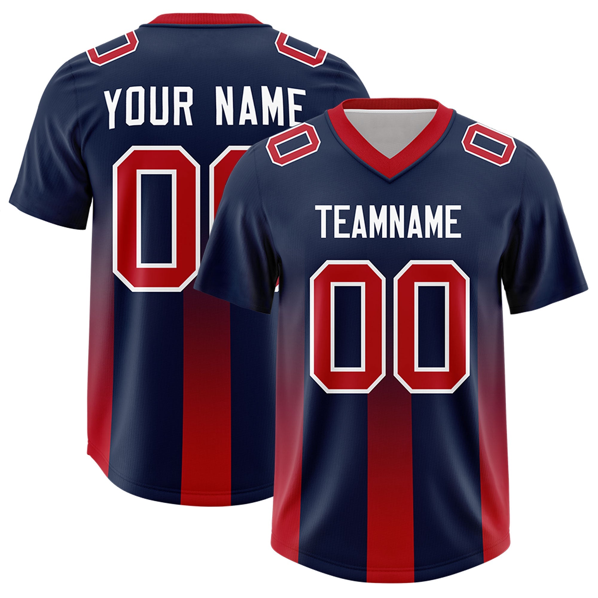 Custom Navy Red Vertical Width Stripe Gradient Fashion Personalized Team American Football Jersey