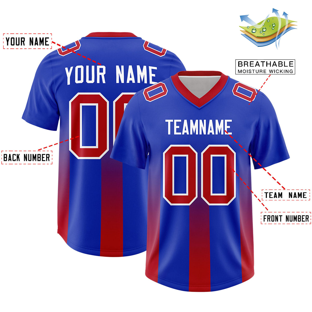 Custom Royal Red Vertical Width Stripe Gradient Fashion Personalized Team American Football Jersey