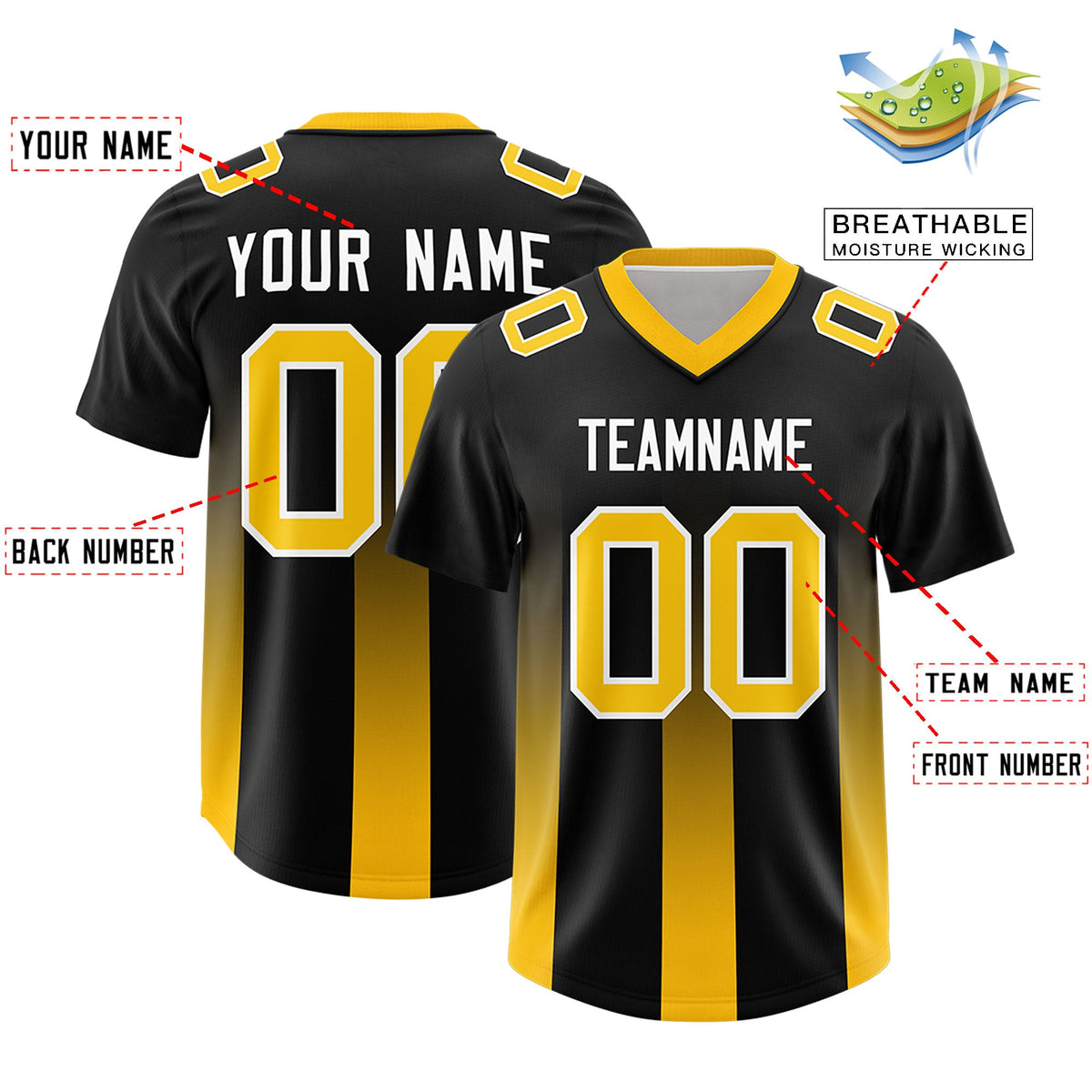 Custom Black Yellow Vertical Width Stripe Gradient Fashion Personalized Team American Football Jersey
