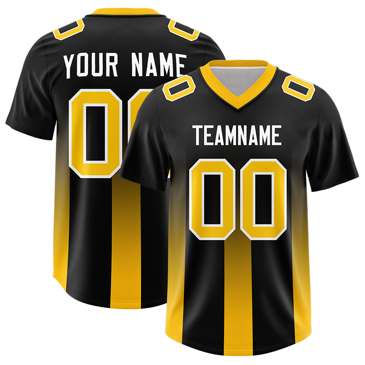 Custom Black Yellow Vertical Width Stripe Gradient Fashion Personalized Team American Football Jersey