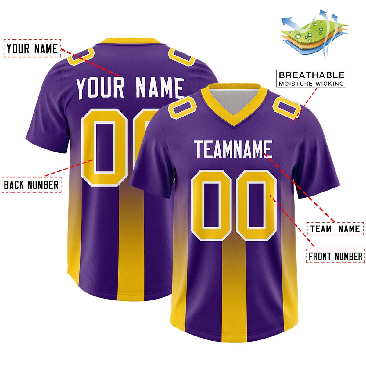 Custom Purple Yellow Vertical Width Stripe Gradient Fashion Personalized Team American Football Jersey