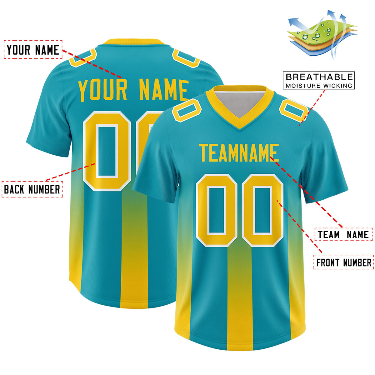 Custom Aqua Yellow Vertical Width Stripe Gradient Fashion Personalized Team American Football Jersey