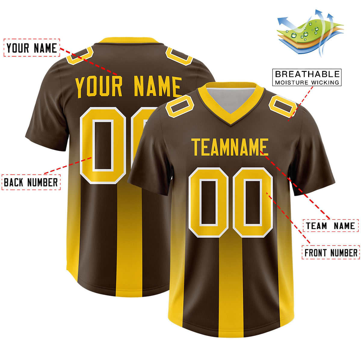 Custom Brown Yellow Vertical Width Stripe Gradient Fashion Personalized Team American Football Jersey