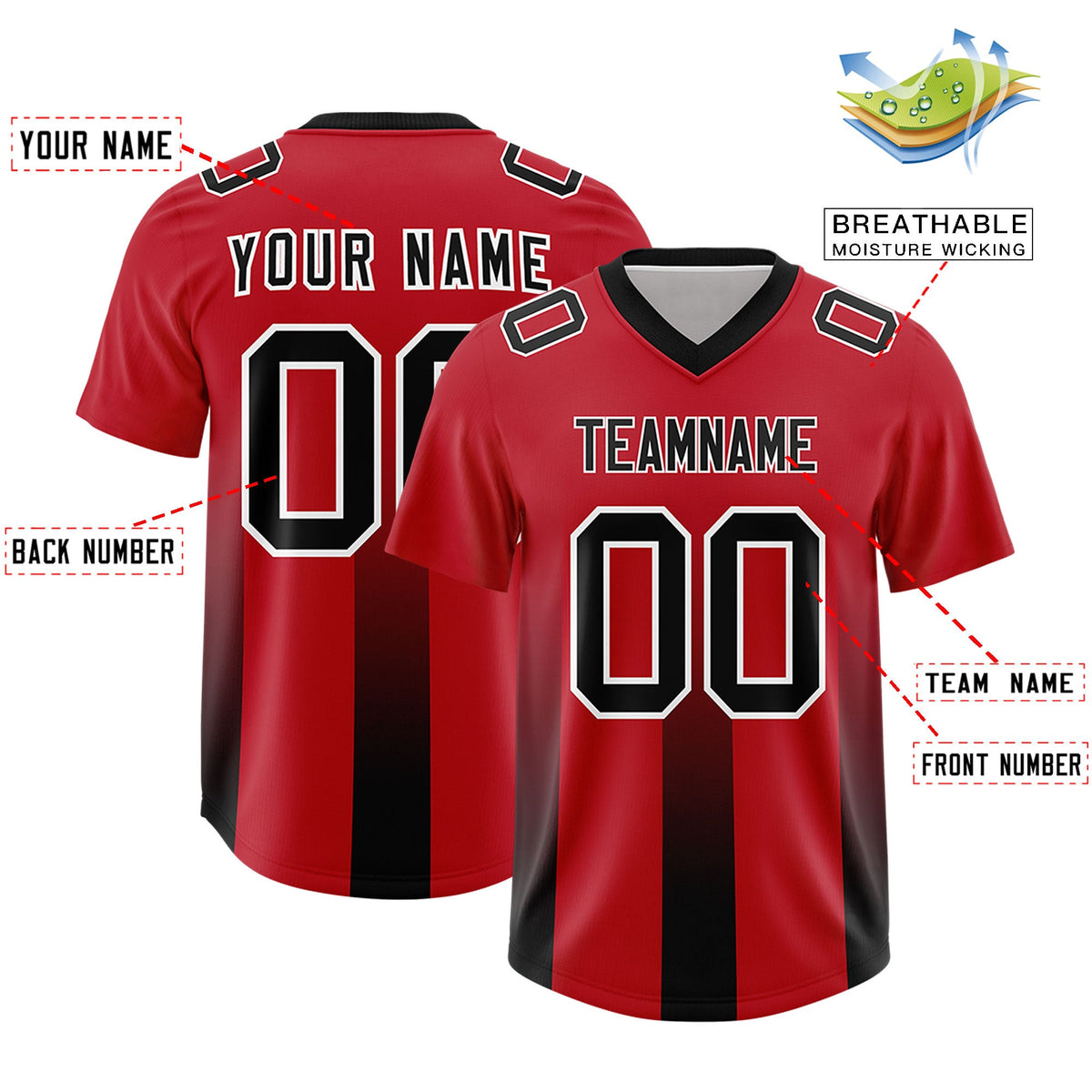 Custom Red Black Vertical Width Stripe Gradient Fashion Personalized Team American Football Jersey