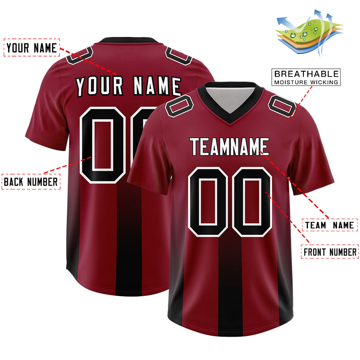 Custom Cardinal Black Vertical Width Stripe Gradient Fashion Personalized Team American Football Jersey