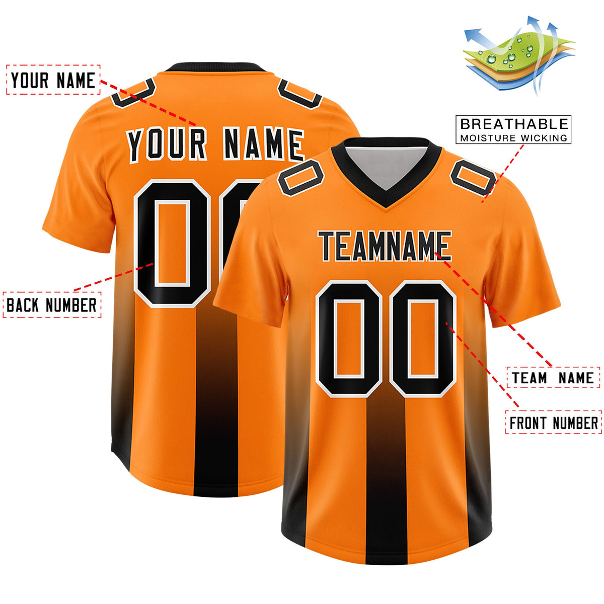 Custom Orange Black Vertical Width Stripe Gradient Fashion Personalized Team American Football Jersey
