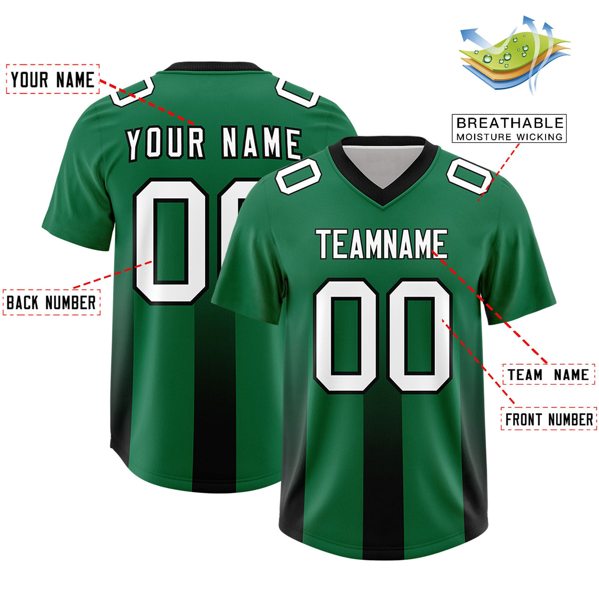 Custom Kelly Green Black Vertical Width Stripe Gradient Fashion Personalized Team American Football Jersey