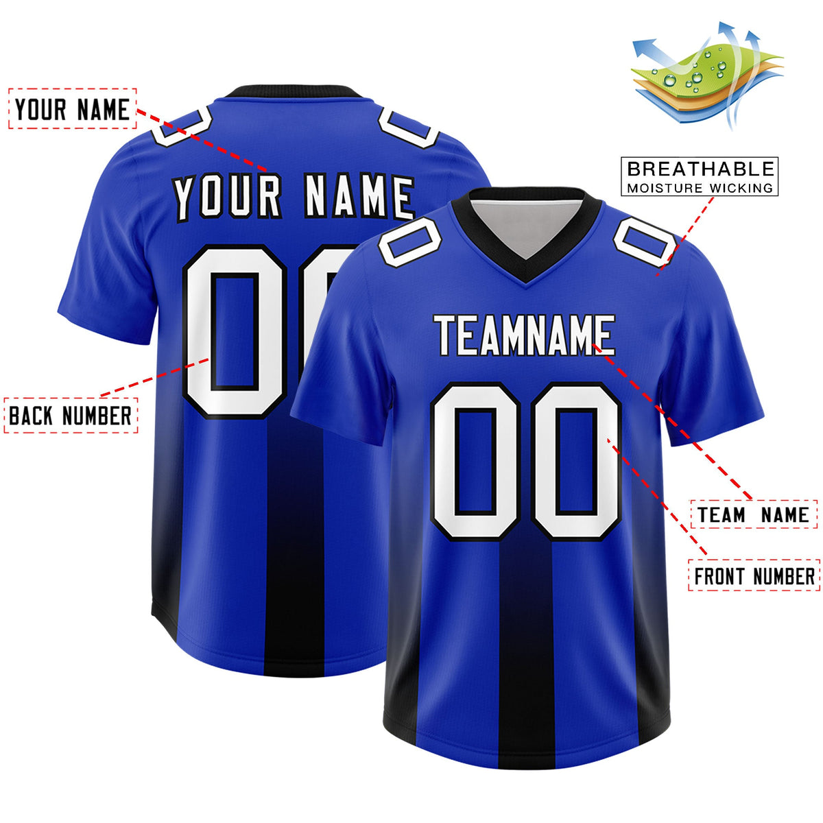Custom Royal Black Vertical Width Stripe Gradient Fashion Personalized Team American Football Jersey
