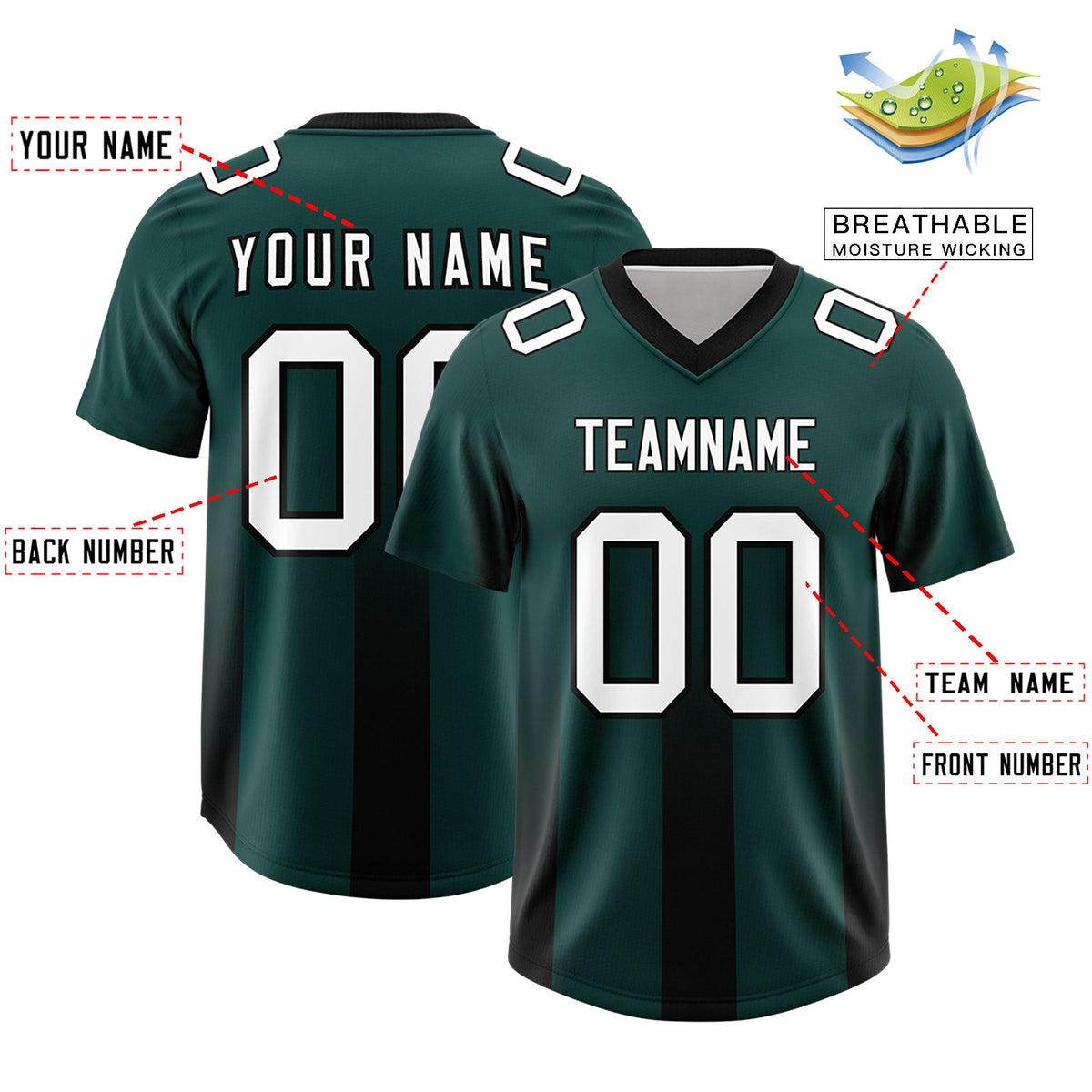 Custom Midnight Green Black Vertical Width Stripe Gradient Fashion Personalized Team American Football Jersey