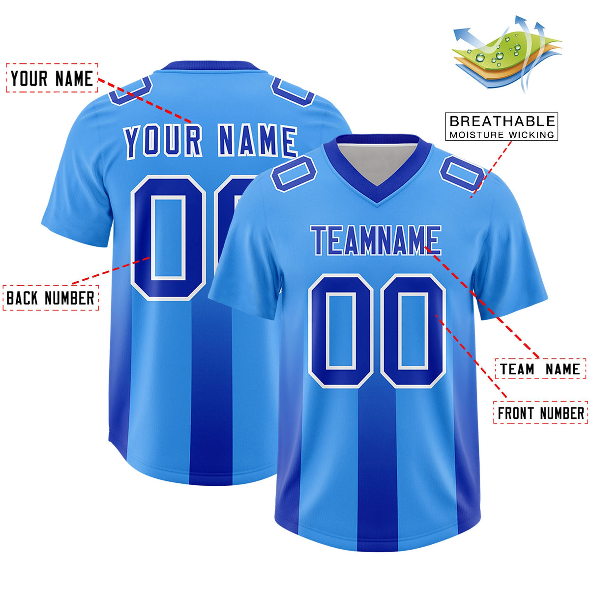 Custom Light Blue Royal Vertical Width Stripe Gradient Fashion Personalized Team American Football Jersey