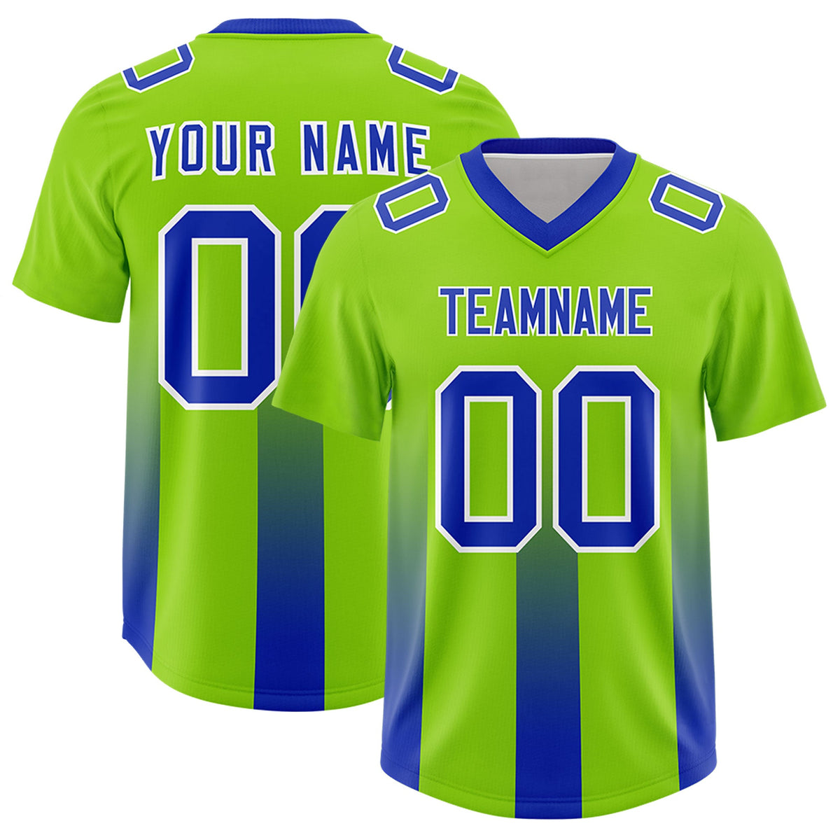 Custom Neon Green Royal Vertical Width Stripe Gradient Fashion Personalized Team American Football Jersey