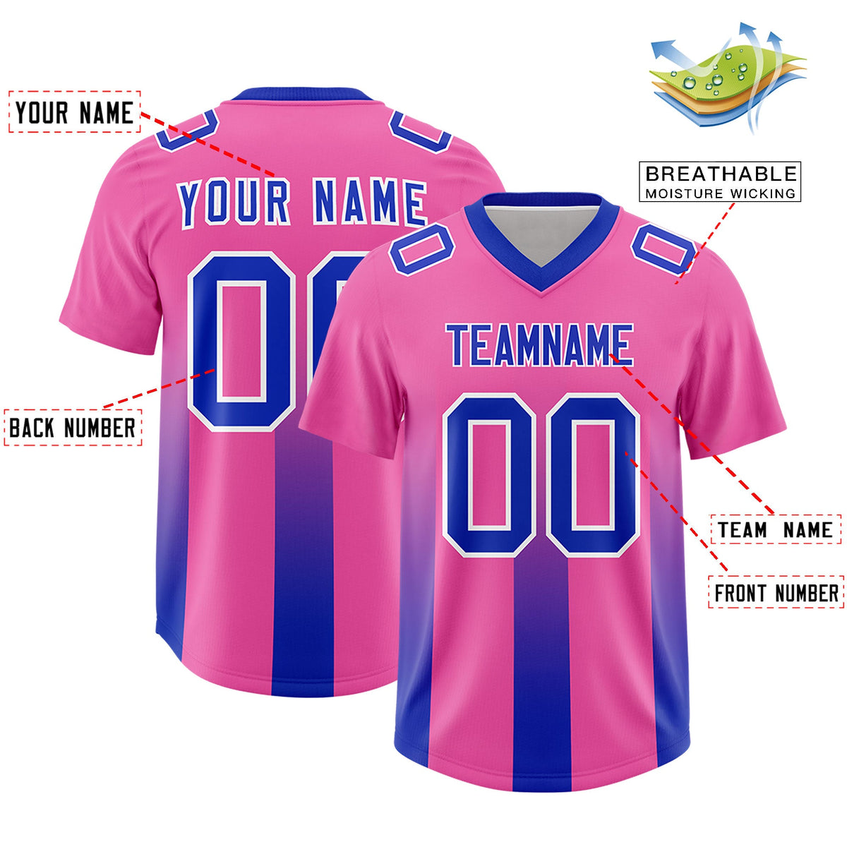 Custom Pink Royal Vertical Width Stripe Gradient Fashion Personalized Team American Football Jersey