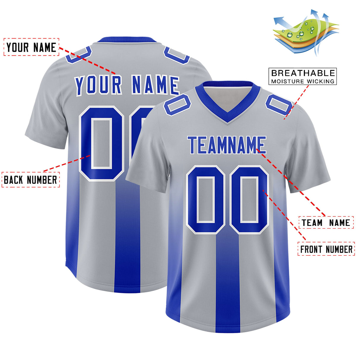 Custom Gray Royal Vertical Width Stripe Gradient Fashion Personalized Team American Football Jersey