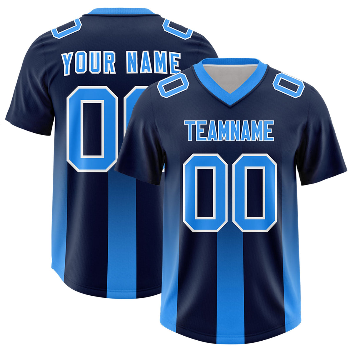 Custom Navy Light Blue Vertical Width Stripe Gradient Fashion Personalized Team American Football Jersey