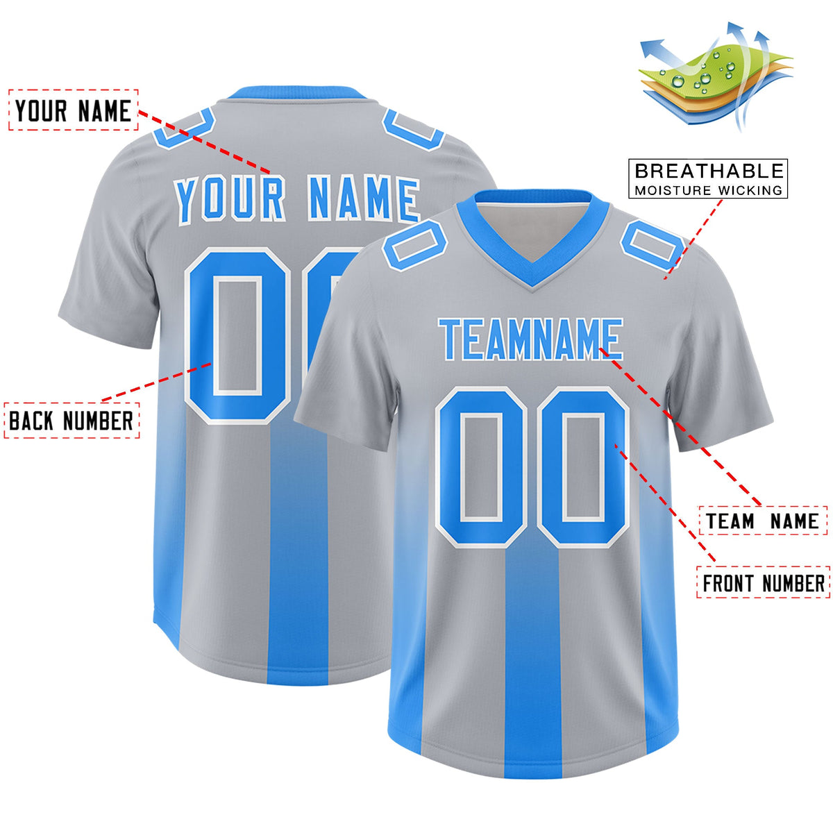 Custom Gray Light Blue Vertical Width Stripe Gradient Fashion Personalized Team American Football Jersey