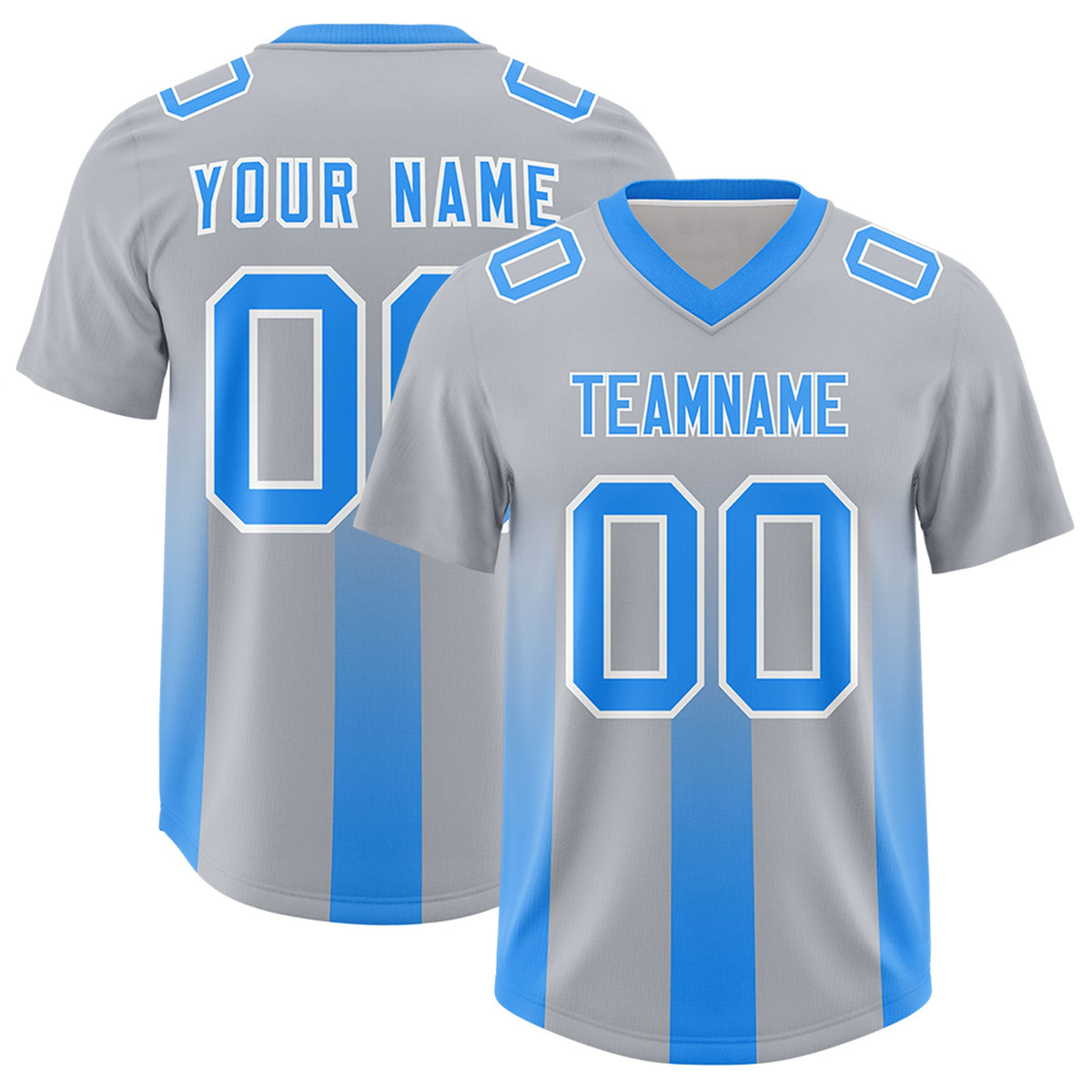 Custom Gray Light Blue Vertical Width Stripe Gradient Fashion Personalized Team American Football Jersey