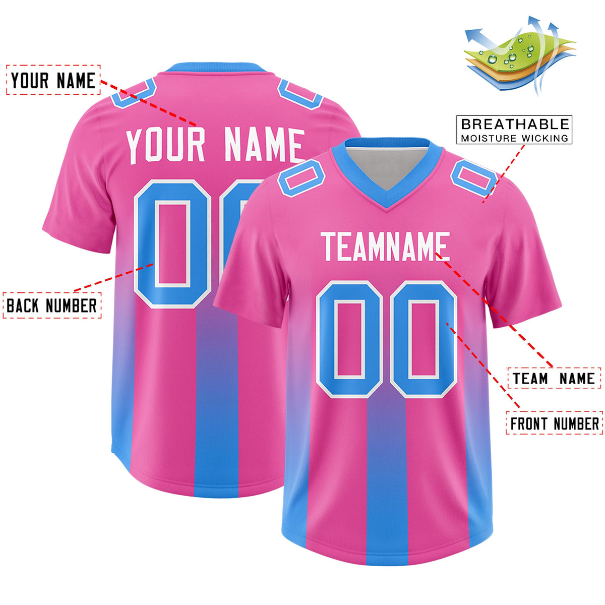 Custom Pink Light Blue Vertical Width Stripe Gradient Fashion Personalized Team American Football Jersey