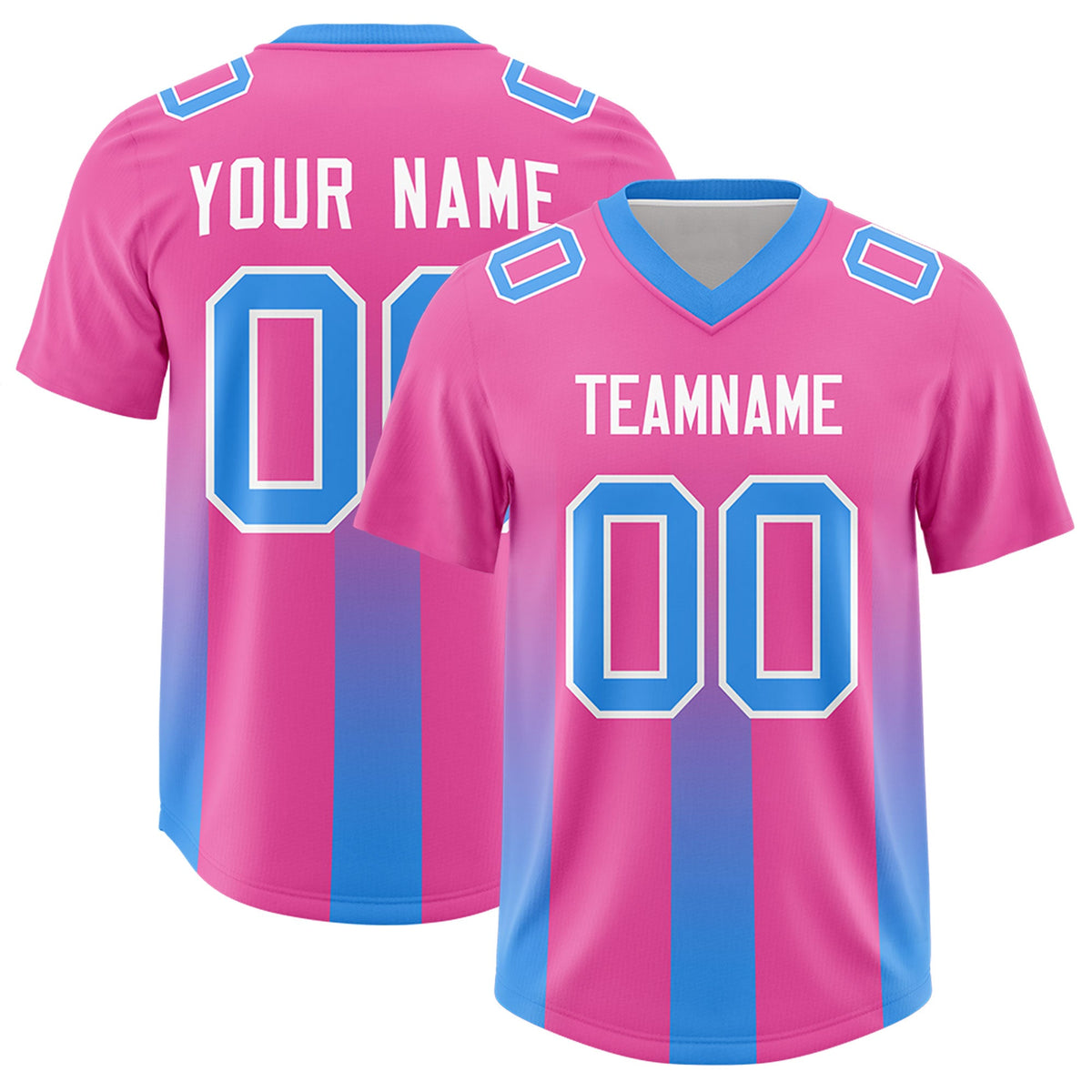 Custom Pink Light Blue Vertical Width Stripe Gradient Fashion Personalized Team American Football Jersey