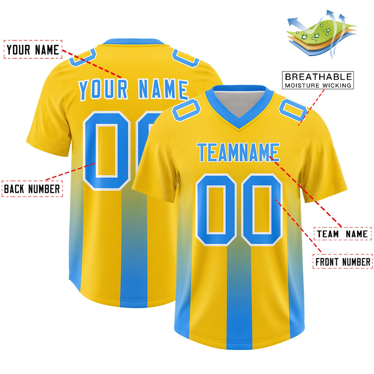 Custom Yellow Light Blue Vertical Width Stripe Gradient Fashion Personalized Team American Football Jersey