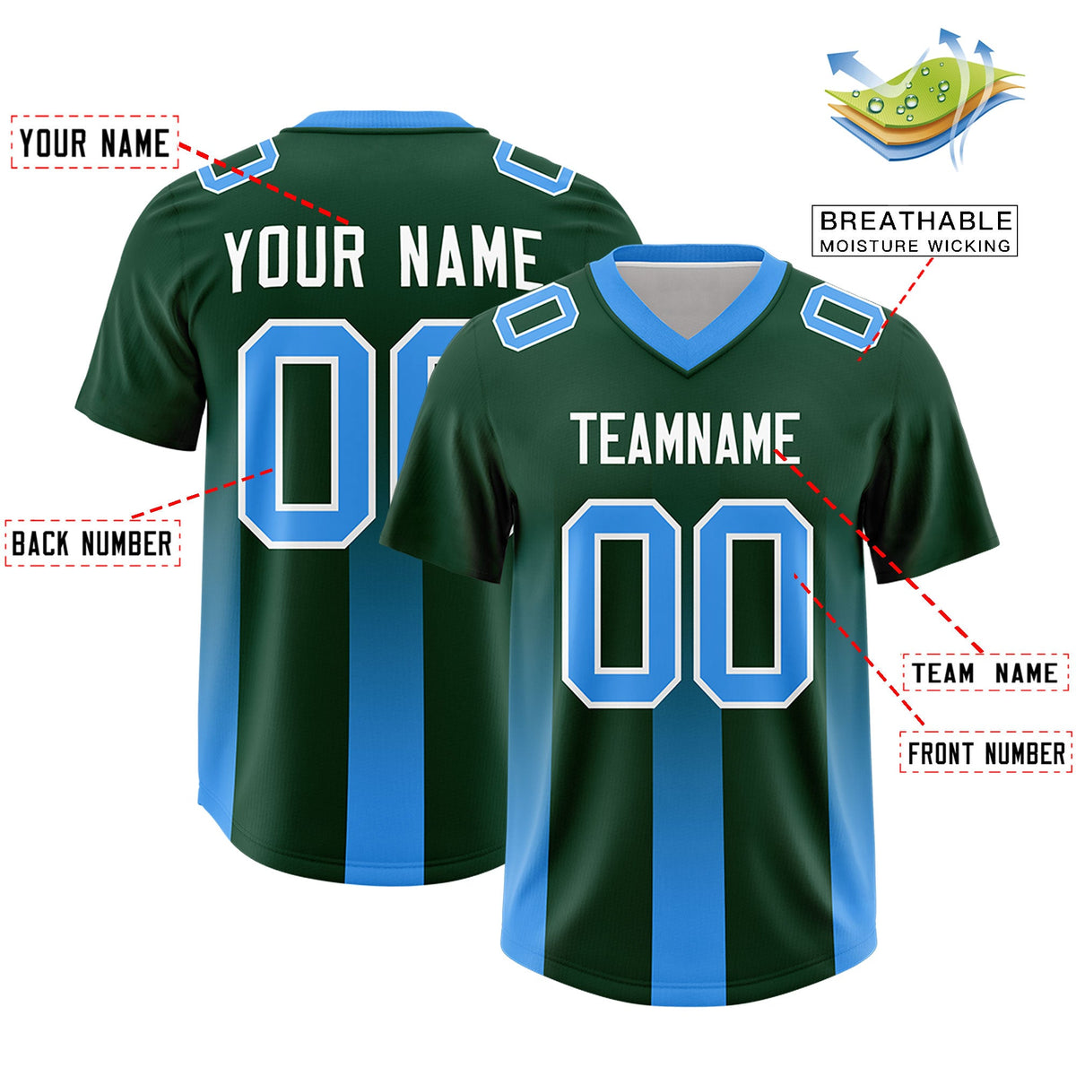 Custom Green Light Blue Vertical Width Stripe Gradient Fashion Personalized Team American Football Jersey