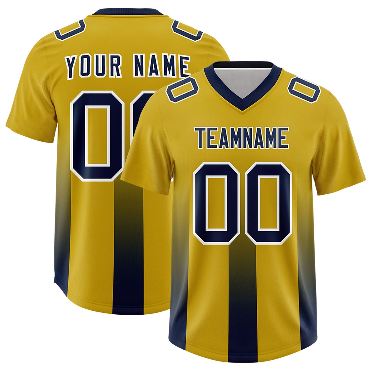 Custom Old Gold Navy Vertical Width Stripe Gradient Fashion Personalized Team American Football Jersey