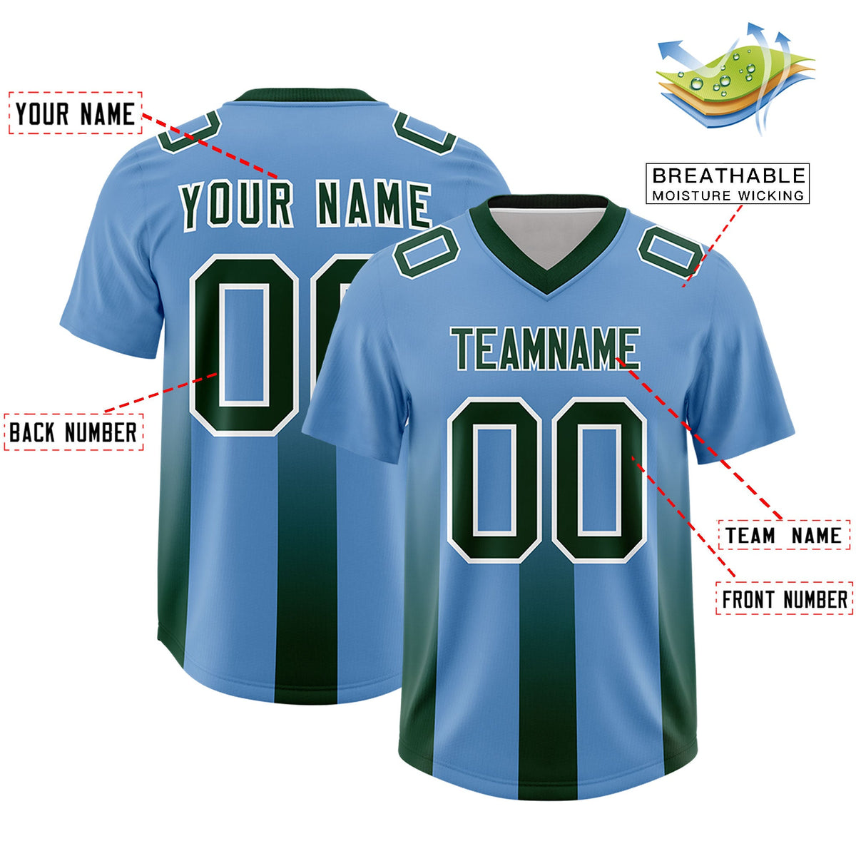 Custom Powder Blue Green Vertical Width Stripe Gradient Fashion Personalized Team American Football Jersey