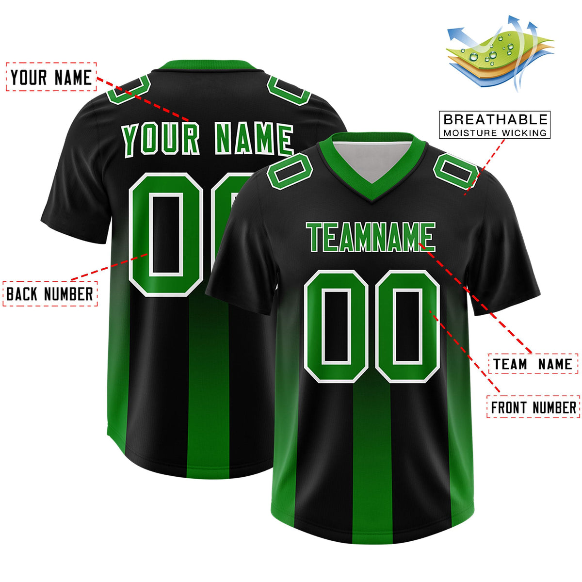 Custom Black Kelly Green Vertical Width Stripe Gradient Fashion Personalized Team American Football Jersey