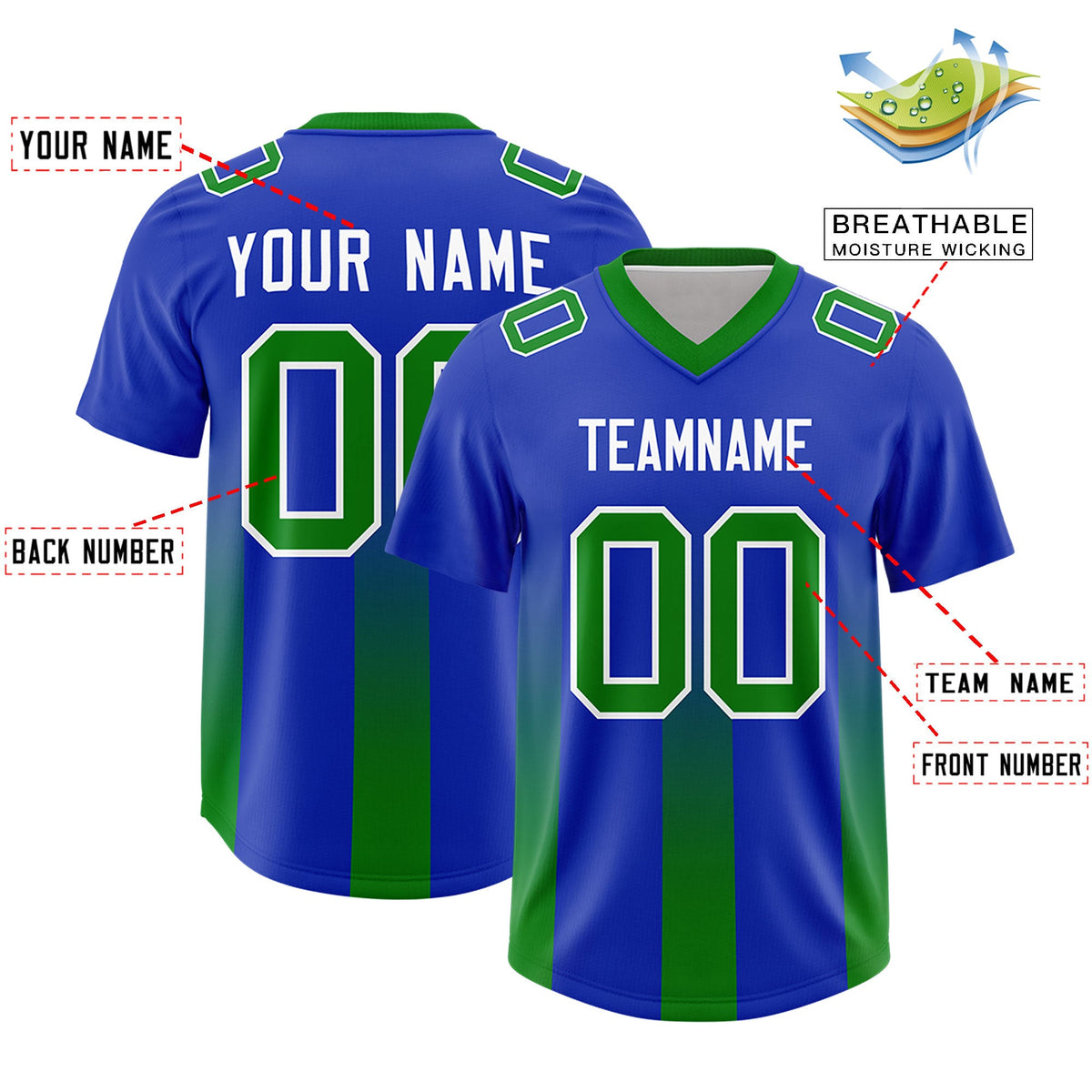 Custom Royal Kelly Green Vertical Width Stripe Gradient Fashion Personalized Team American Football Jersey