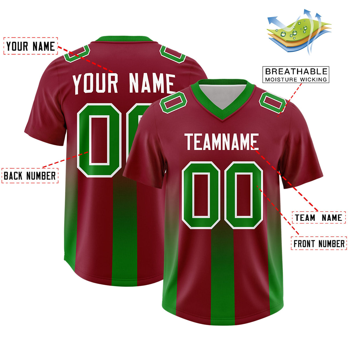 Custom Cardinal Kelly Green Vertical Width Stripe Gradient Fashion Personalized Team American Football Jersey